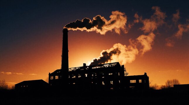 Silhouette of old industrial factory building with tall smokestack at sunset. Dark factory structure emits thick smoke clouds into orange sky. Pollution from manufacturing plant creates heavy smog
