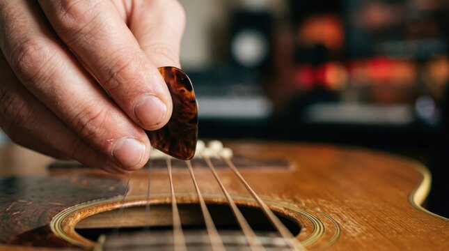 Close up of a hand holding a guitar pick to strum strings on an acoustic guitar, capturing a moment of musical creation.