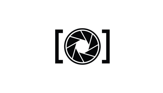 Modern photography logo design featuring a minimalist black and white camera lens shutter icon inside brackets.