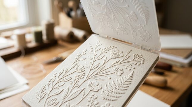 Close up of an open white floral embossing folder with raised botanical patterns for paper crafting projects