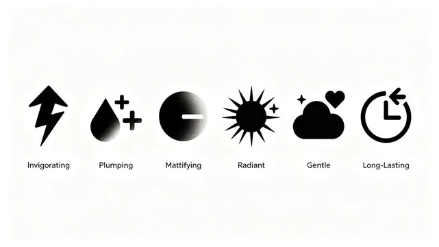 Minimalist black and white skincare efficacy icon, representing revitalizing and filling, matte holding, and gentle maintenance, suitable for beauty details and product selling point display boards.
