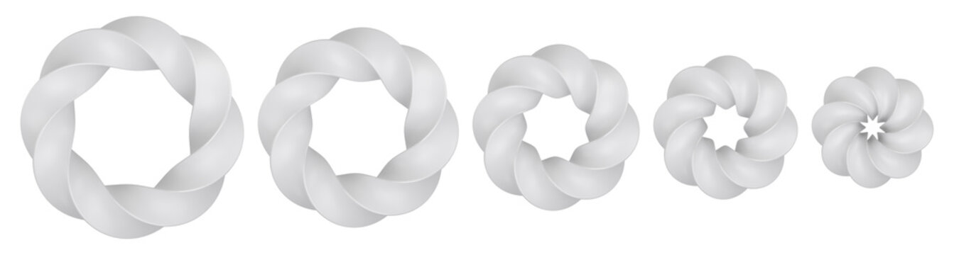 Geometric scaling and data compression concepts. Isolated set of matte white twisted rings. 3D rendered torus.