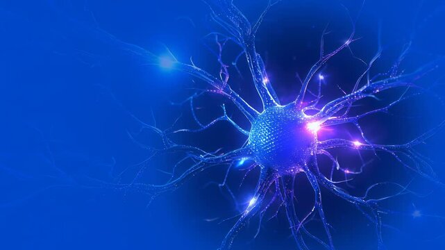 Neuron with branched processes showing purple and blue flashes of electrical nerve impulses in blue space.