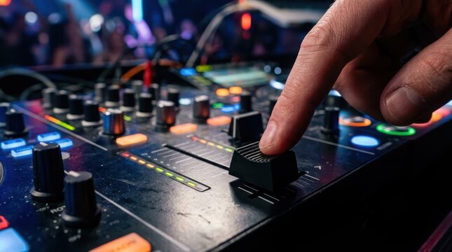 Close-up of a DJ's finger adjusting a fader on a professional audio mixer in a vibrant nightclub setting, creating pulsating electronic music beats.