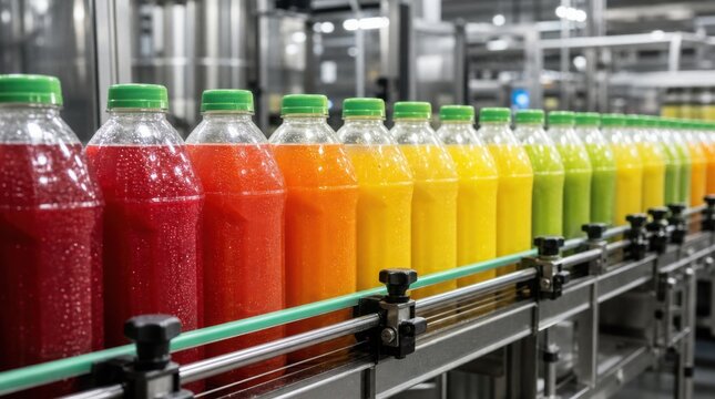 Bottles of colorful fruit juices lined up on a conveyor belt in a modern beverage production facility.
