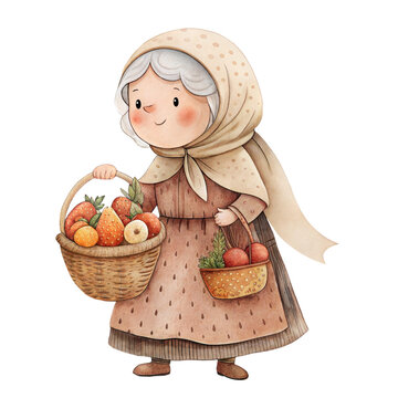 Cute watercolor illustration of an elderly woman holding baskets with fruit isolated