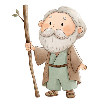 Cute watercolor illustration of an elderly man holding a wooden staff isolated