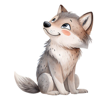 Cute watercolor illustration of a smiling fluffy wolf pup animal isolated