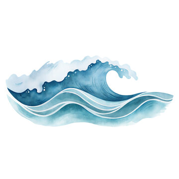 Watercolor illustration of a blue ocean sea wave with white foam isolated