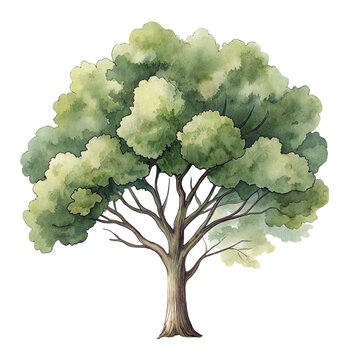Cute watercolor illustration of a big green tree with lush foliage isolated