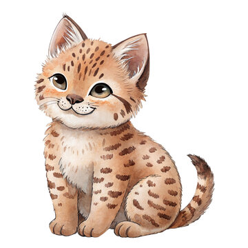 Cute watercolor illustration of a smiling fluffy lynx cub animal isolated