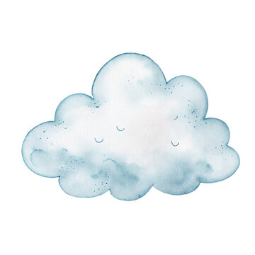Cute watercolor illustration of a soft blue fluffy cloud isolated