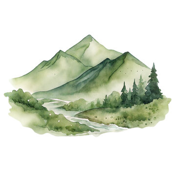 Cute watercolor illustration of a green mountain landscape with river and forest isolated