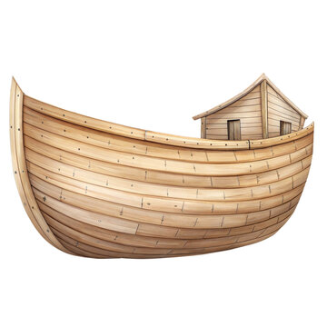Cute watercolor illustration of a wooden Noah's ark boat with a house isolated