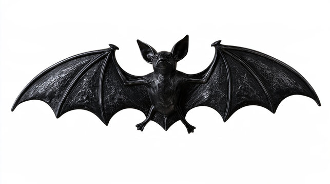 Top view of a black vampire bat with outstretched wings, scary Halloween animal prop for gothic night, dark fantasy and October holiday designs isolated on white background