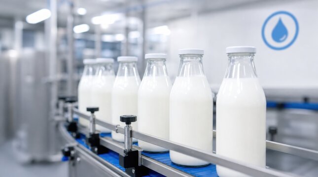 Bottles of milk lined up on a conveyor belt inside a modern dairy processing facility.