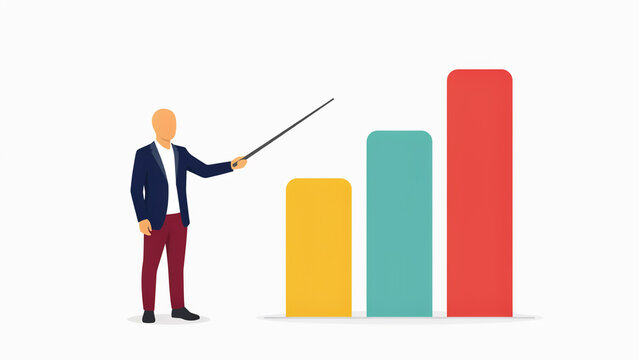 Business person pointing at a bar chart with three colorful columns on a plain white background