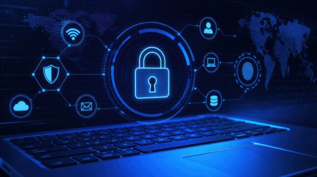 A digital lock icon surrounded by cybersecurity symbols hovers above a laptop keyboard with a world map in the background, representing global data protection and online security.