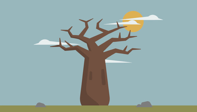 A striking illustration of a large baobab tree with bare branches, set against a dusty landscape under a warm sun and sparse clouds, depicting an arid environment.