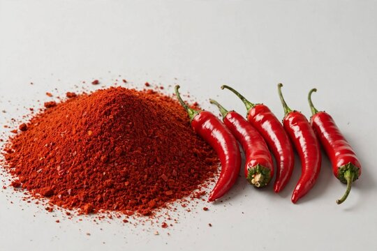 Coarse grainy red chili powder pile, four glossy red chilies lined up, white background, vivid appetizing appearance