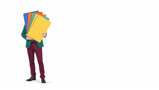 Businessman holding a stack of colorful rectangular folders standing on a white background space