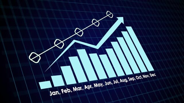 Digital business analytics dashboard with bar graph and donut chart. Technology HUD interface with sales data and company performance. Corporate data visualization animation.