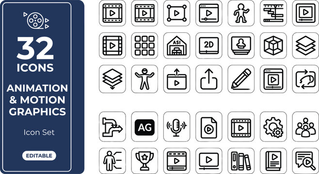 Vector line icon set of 32 animation and motion graphics elements including keyframes, timeline, 2D 3D modeling, rendering, character rigging, and video editing tools.