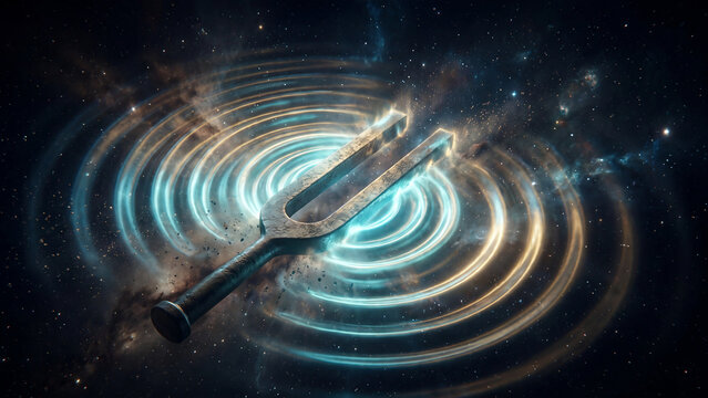 A metal tuning fork vibrates and creates glowing circular light waves in the deep dark space with emitting concentric glowing