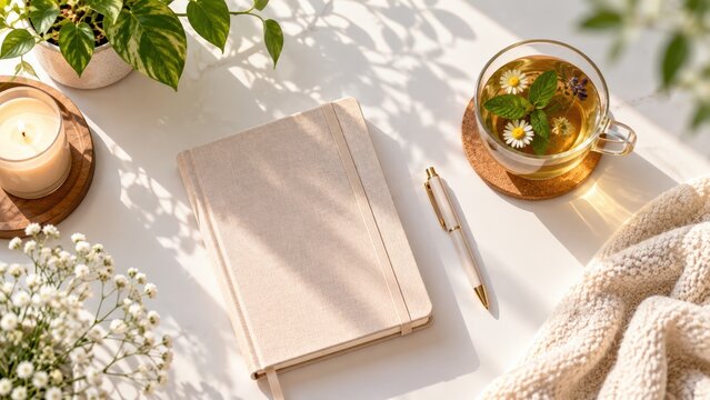 A cozy flat lay featuring a closed notebook, pen, herbal tea with chamomile, a lit candle, and plants, bathed in warm natural light.