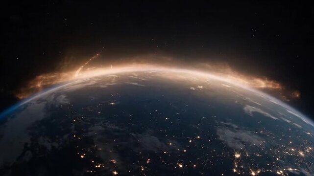 Planet Earth from Space with Atmosphere Horizon Glow and City Lights View