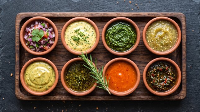 Eight small bowls of assorted spices and herbs in wooden tray