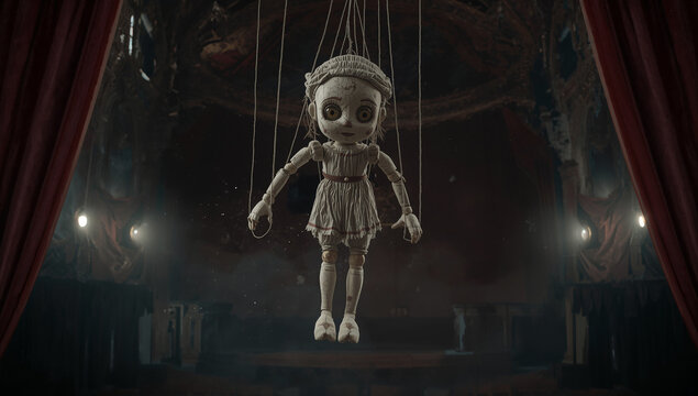 Creepy vintage marionette doll hanging on strings in a dark abandoned theater stage with marionette suspense performance mysterious sinister dramatic atmosphere puppetmaster entertainment