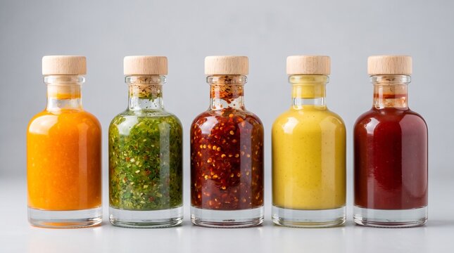 Five small bottles with colorful essential oils on a shelf