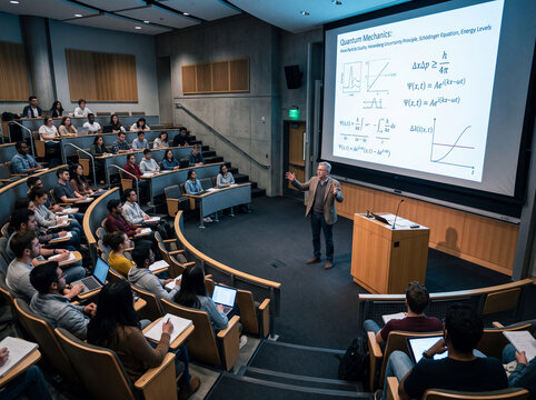 Cours magistral anim&eacute; dans un amphith&eacute;&acirc;tre universitaire moderne o&ugrave; l'enseignant pr&eacute;sente des donn&eacute;es complexes sur grand &eacute;cran &agrave; une audience attentive
