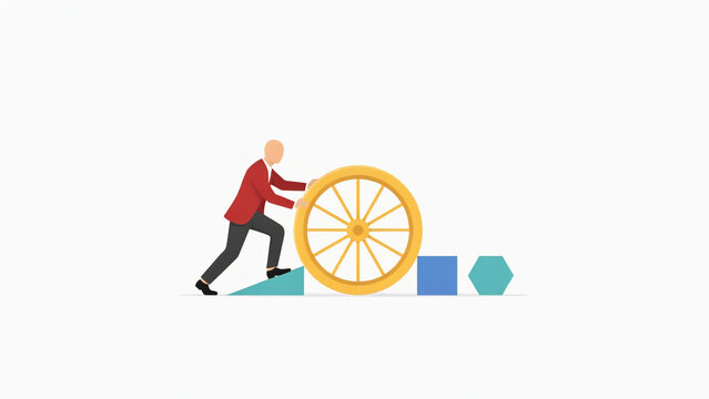 Businessman pushing a large golden wheel over geometric shapes on white background