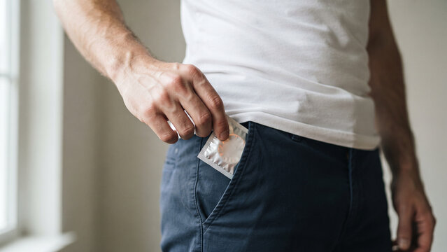 Man Taking Condom from Pocket of Navy Chino Pants, Safe Sex and Contraception Concept