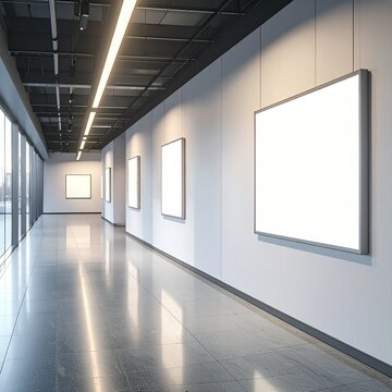 Modern office corridor with blank white picture frames on the wall for advertisement.