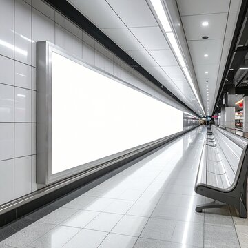 Blank illuminated advertising billboard on a modern subway station platform wall.