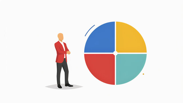 Businessman standing beside a large circular pie chart divided into four colorful equal sections
