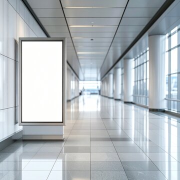 Blank vertical billboard mockup in a modern bright airport terminal corridor.