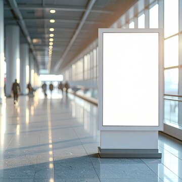 Blank vertical billboard display in a modern bright airport terminal hallway.