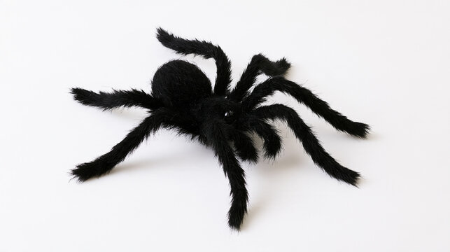 Black hairy tarantula spider with fuzzy legs on a white background, creepy arachnid close up for Halloween, fear, phobia and spooky horror themed design concepts