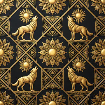 Ornate golden wolf and sun pattern on dark tile.