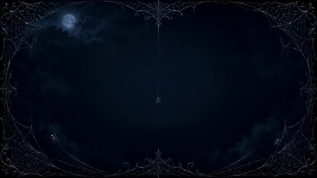 Moonlit spiderweb frame around a cloudy night sky. Halloween gothic background. Ornate spooky border design. Dark seasonal template with open copy space.