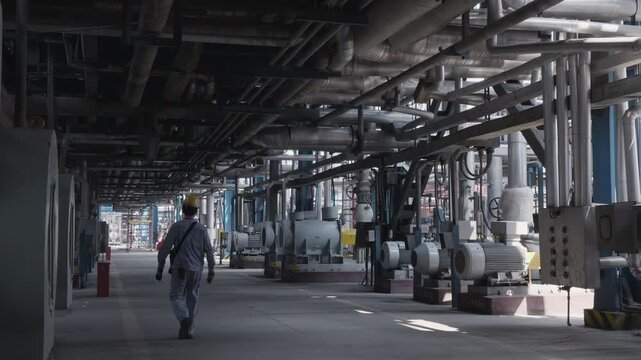 Male engineer technician worker wearing jacket uniform, hard hat walking through oil refinery large pipelines plant factory. Industrial chemical engineering, manufacturing worker, career energy sector