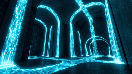 Fototapeta premium Glowing blue water flows through dark stone arches in a futuristic underground tunnel with illuminated cascades