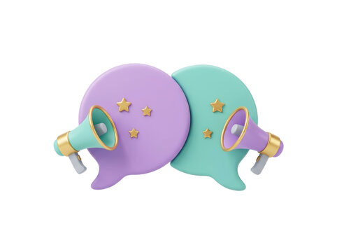 Pastel megaphones with stars in speech bubbles isolated on transparent background