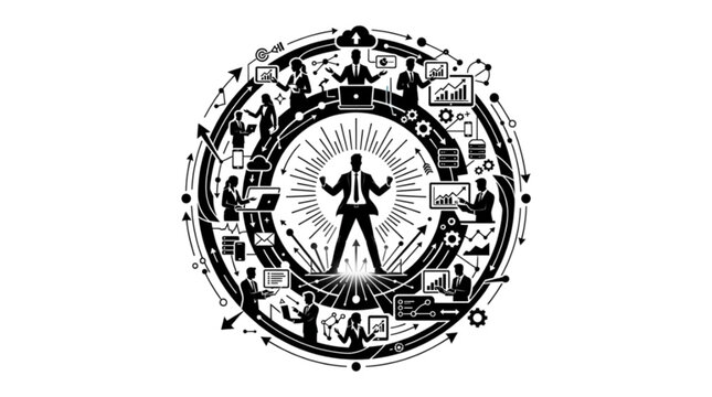 Business leader standing in the center of a circular network of professionals with professionals symbols technology circular diagram surrounded