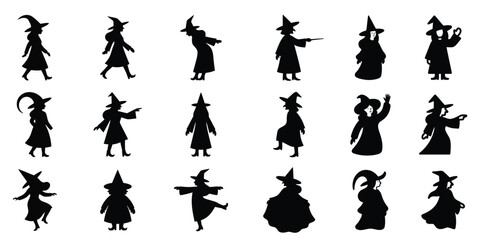 Fototapeta premium Collection of various witch silhouettes in different poses for halloween themed design projects and graphics