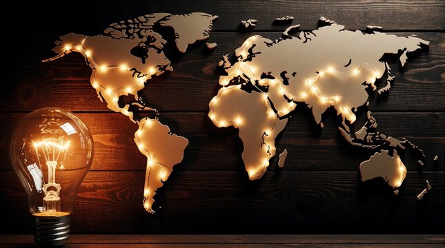 Abstract world map on dark wood background with glowing lights. Bright incandescent light bulb shines near earth map. Global energy crisis concept showing power supply issues, resource scarcity,